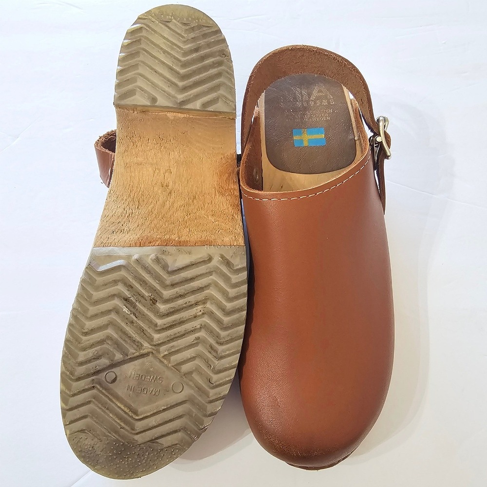 MIA Alma Free People Swedish Wooden Clogs Cognac Brown Leather 38 (7.5) 70s - Picture 9 of 11